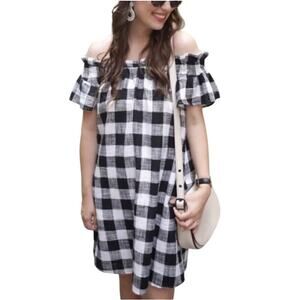 Corey Lynn Calter Gingham Off The Shoulder Linen Blend Dress Black White Medium